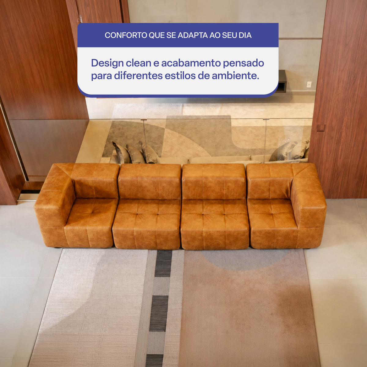 Sofá Modular 4 Lugares 2 Cantos em Poli-Couro Marrom