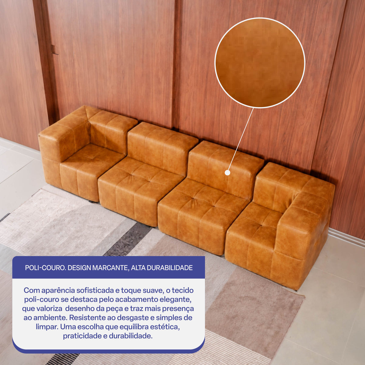 Sofá Modular 4 Lugares 2 Cantos em Poli-Couro Marrom
