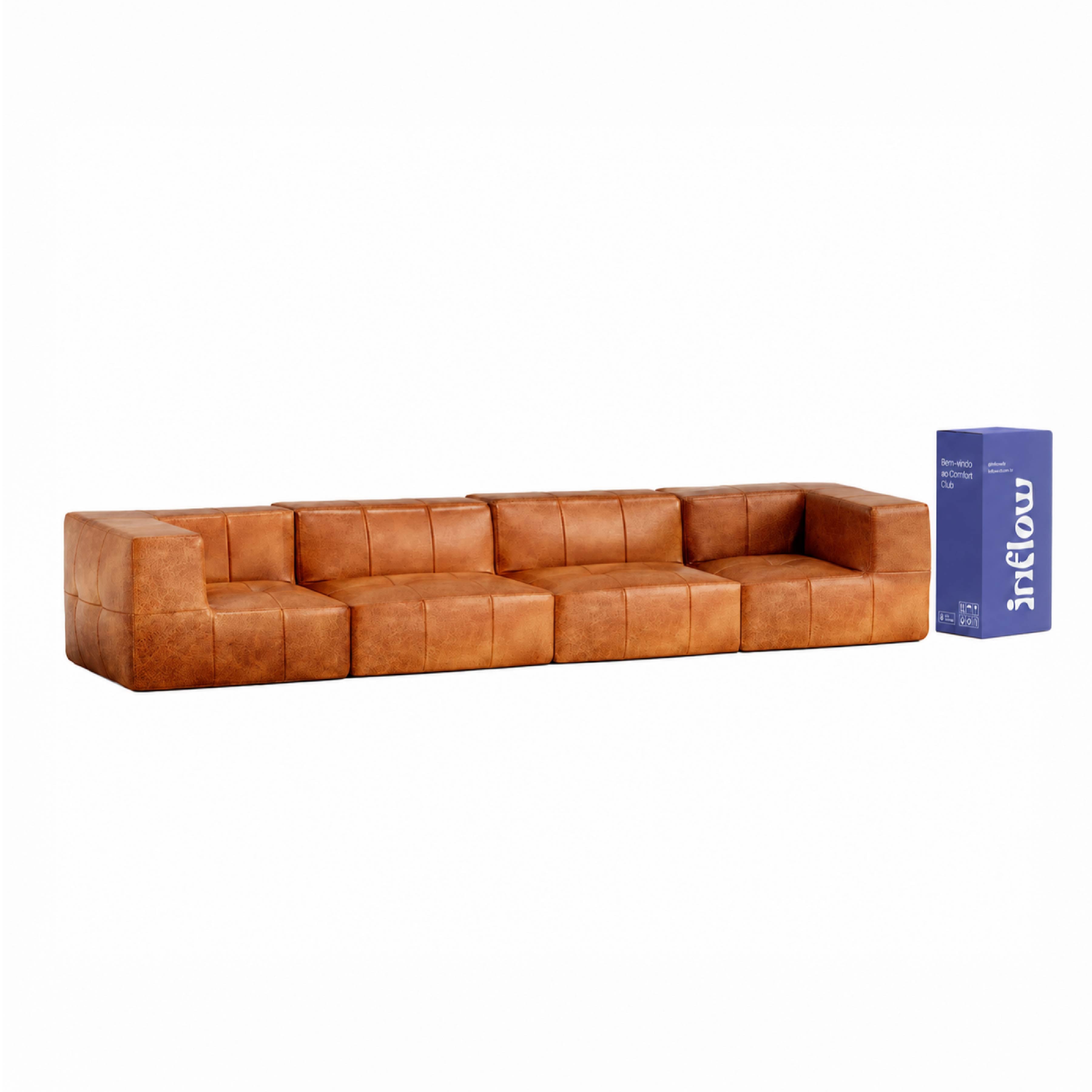 Sofá Modular 4 Lugares 2 Cantos em Poli-Couro Marrom