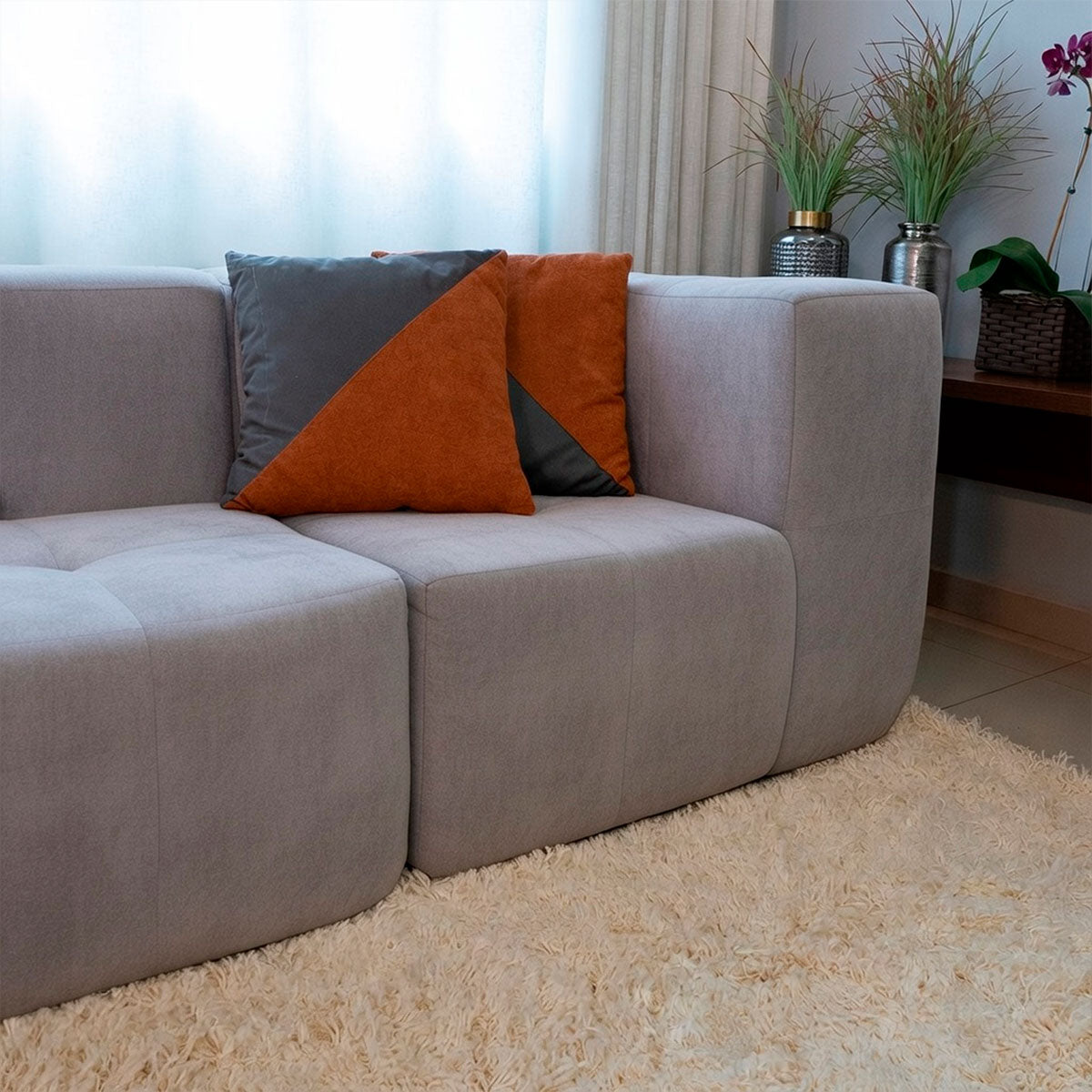 Sofá Modular Boucle Cinza - 4 Lugares - 1 Canto com Apoio de Pé