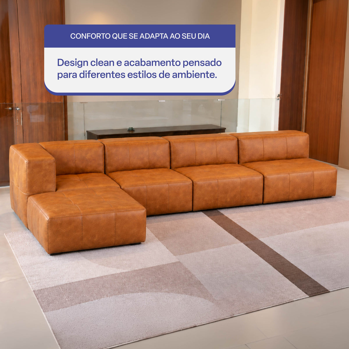 Sofá Modular 4 Lugares 1 Canto com 1 Apoio de Pé em Poli-Couro Marrom