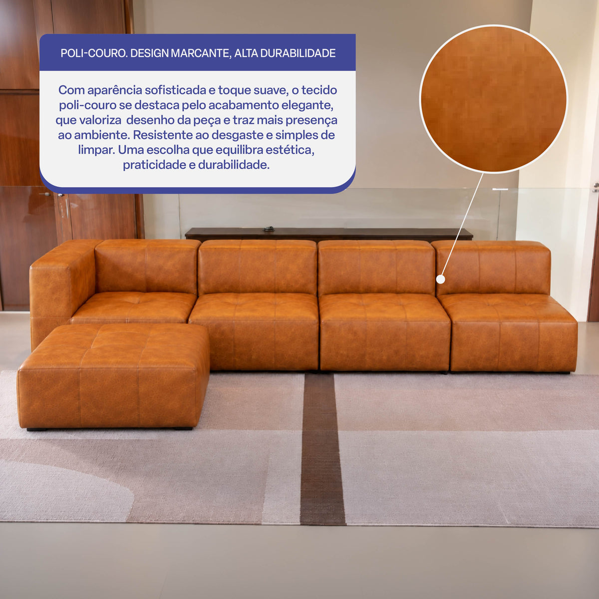 Sofá Modular 4 Lugares 1 Canto com 1 Apoio de Pé em Poli-Couro Marrom