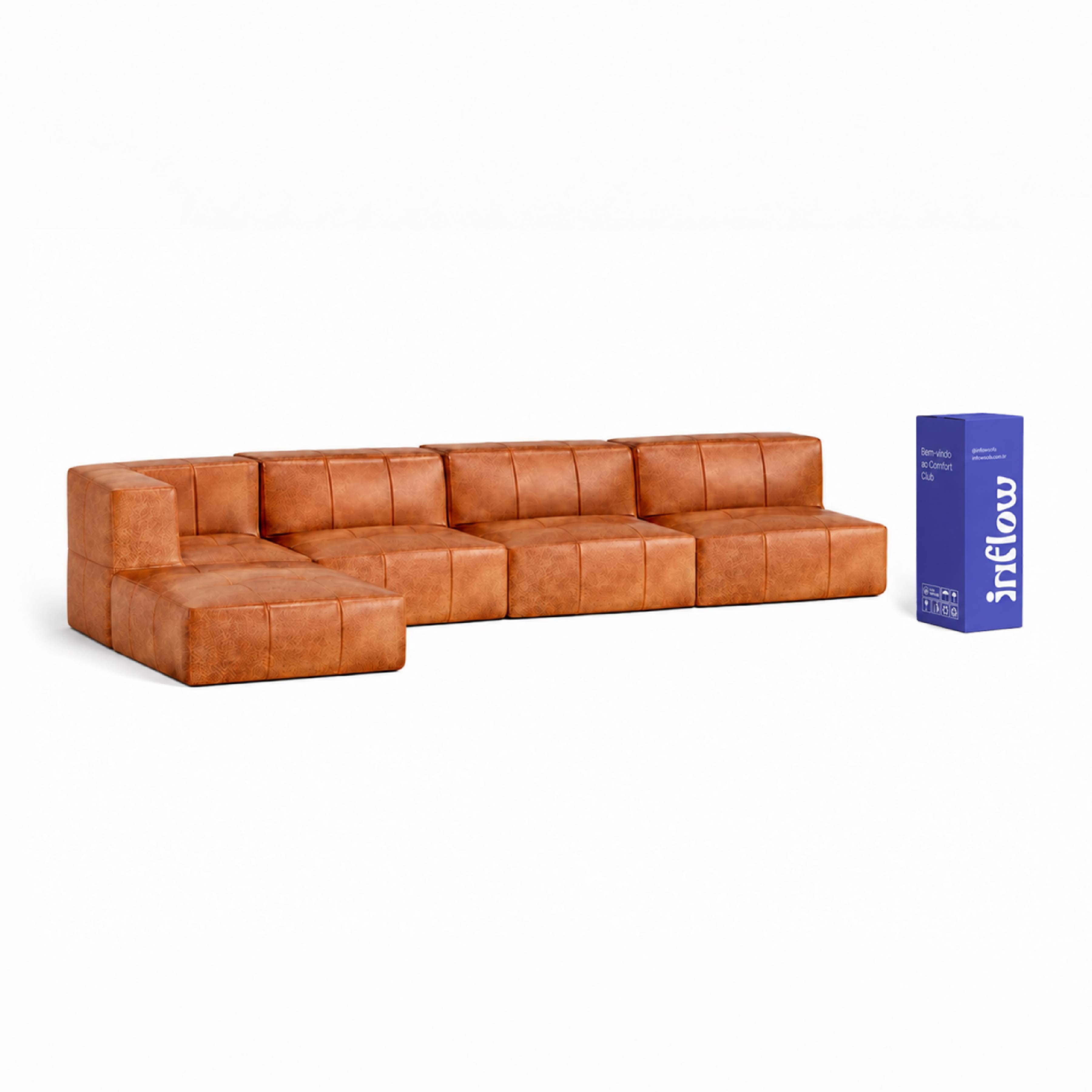 Sofá Modular 4 Lugares 1 Canto com 1 Apoio de Pé em Poli-Couro Marrom