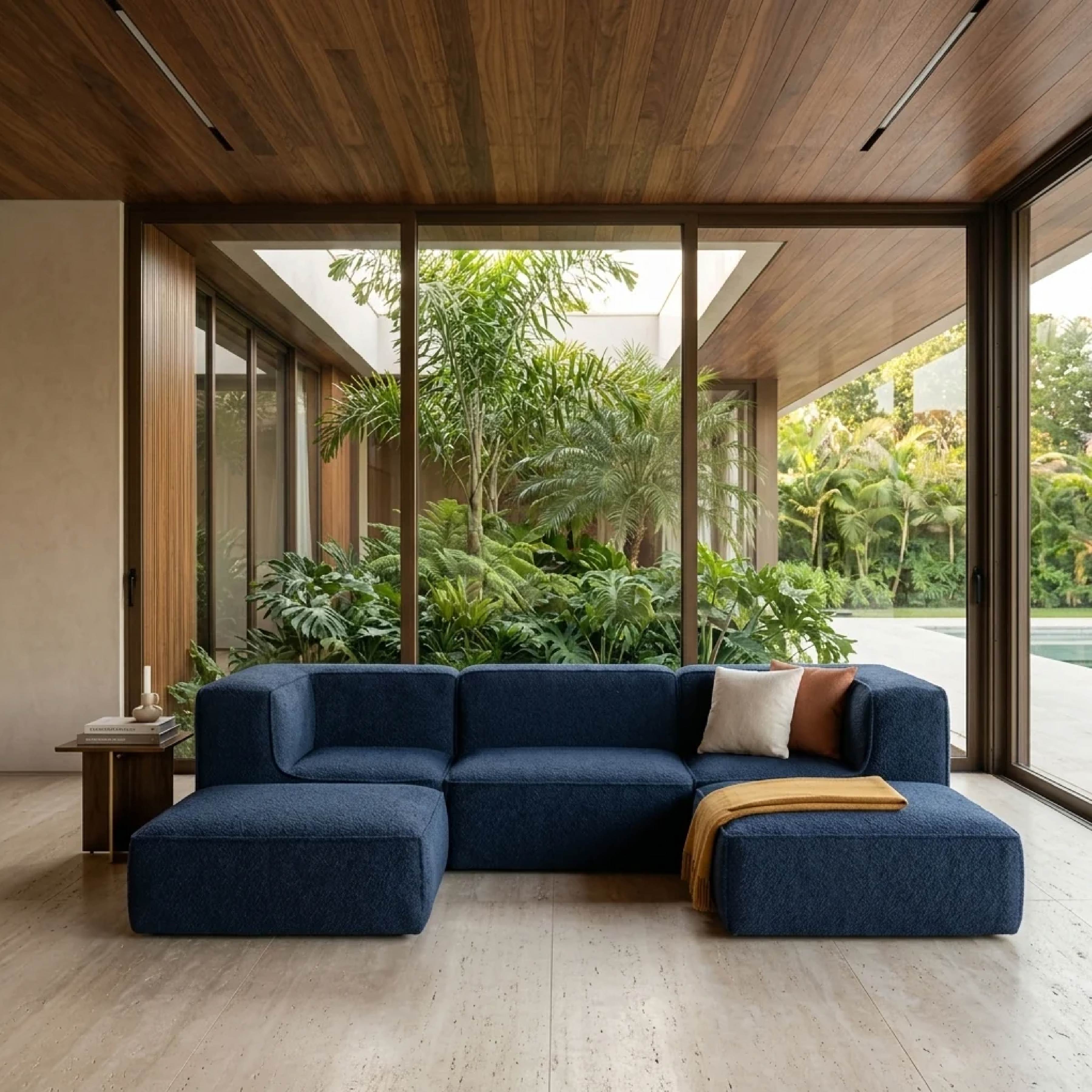 Sofá Modular Flow 3 Lugares 2 Cantos com 2 Apoios de Pé em Boucle Azul Marinho