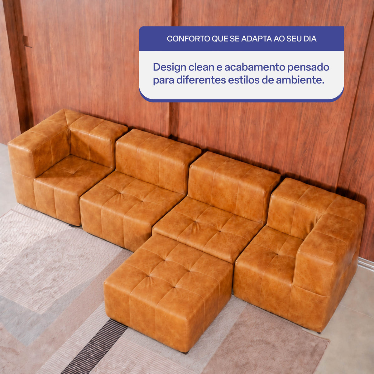 Sofá Modular 4 Lugares 2 Cantos com 1 Apoio de Pé em Poli-Couro Marrom