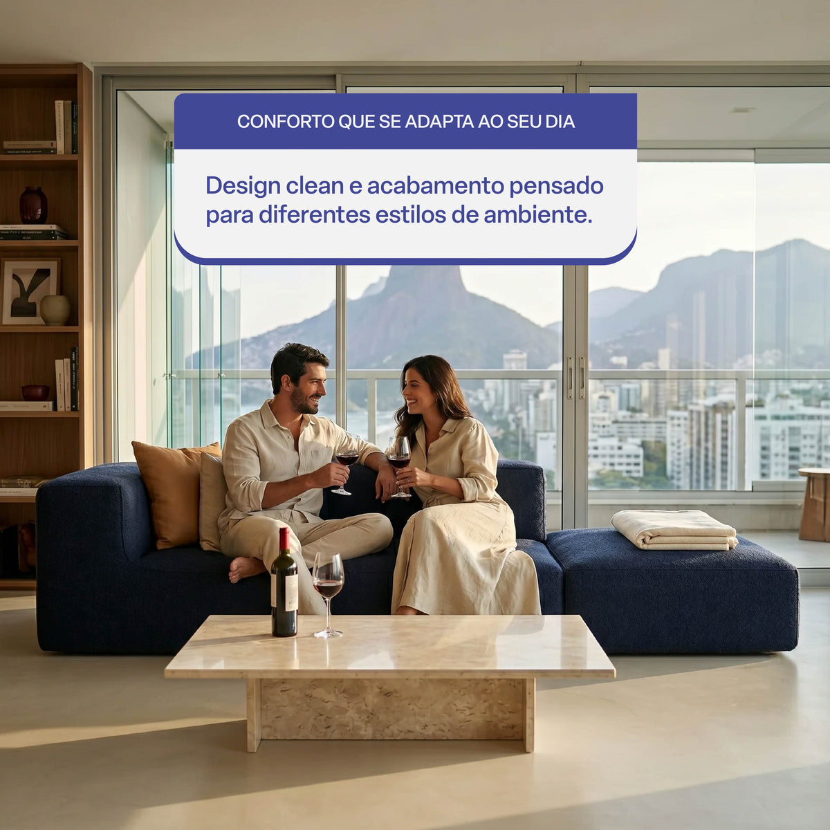 Sofá Modular Flow 2 Lugares 1 Canto com 1 Apoio de Pé em Boucle Azul Marinho