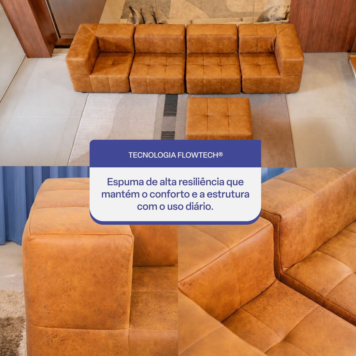 Sofá Modular 4 Lugares 2 Cantos com 1 Apoio de Pé em Poli-Couro Marrom