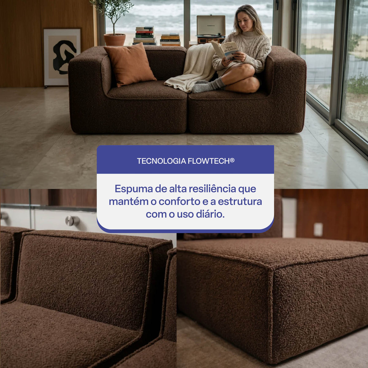 Sofá Modular Flow 2 Lugares 2 Cantos em Boucle Plus Marrom