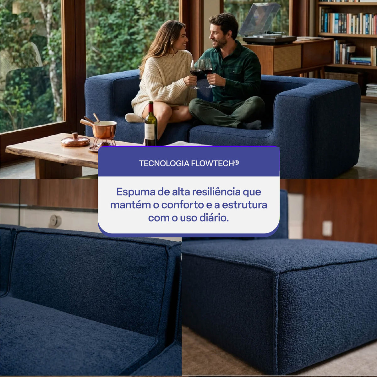 Sofá Modular Flow 2 Lugares 2 Cantos em Boucle Azul Marinho