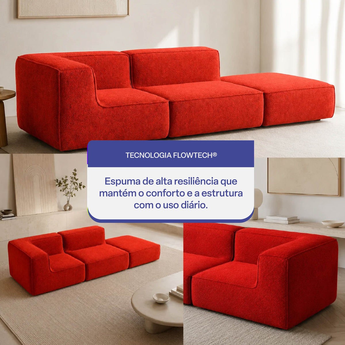 Sofá Modular Flow 2 Lugares 1 Canto com 1 Apoio de Pé em Boucle Plus Terracota