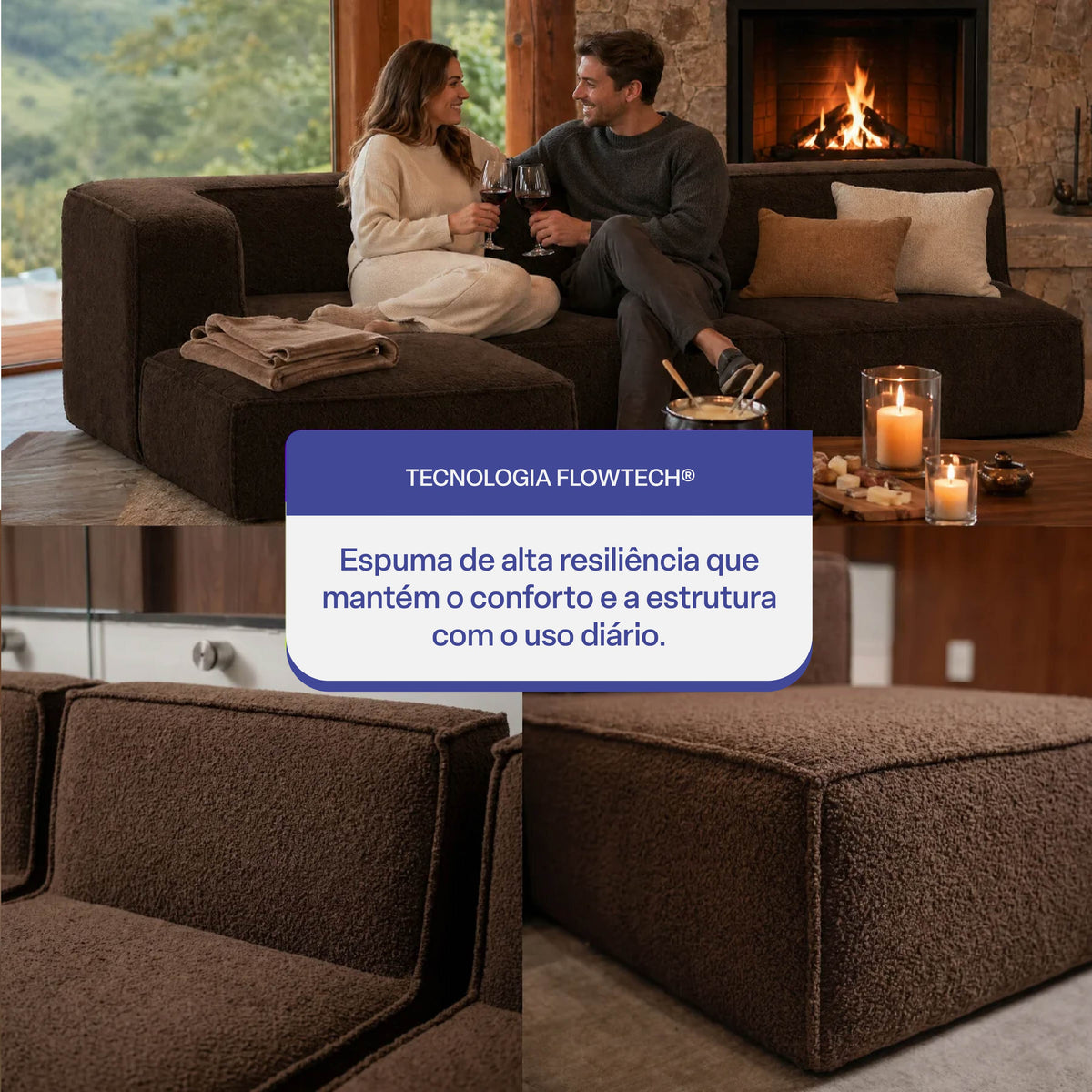 Sofá Modular Flow 3 Lugares 1 Canto com 1 Apoio de Pé em Boucle Plus Marrom