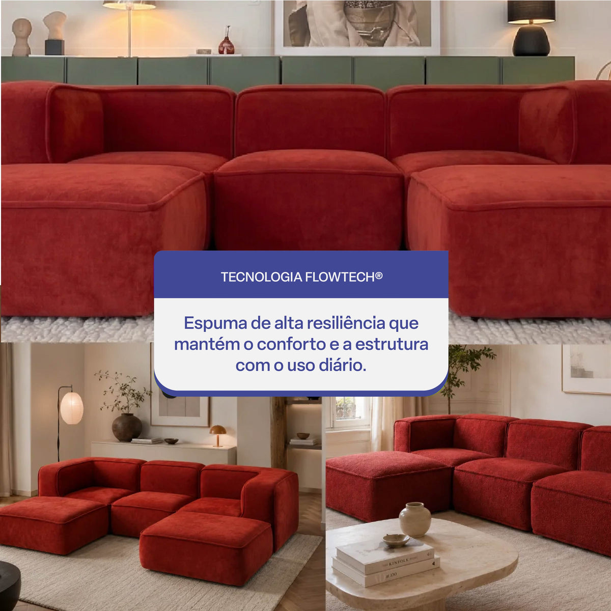 Sofá Modular Flow 3 Lugares 2 Cantos com 2 Apoios de Pé em Boucle Plus Terracota