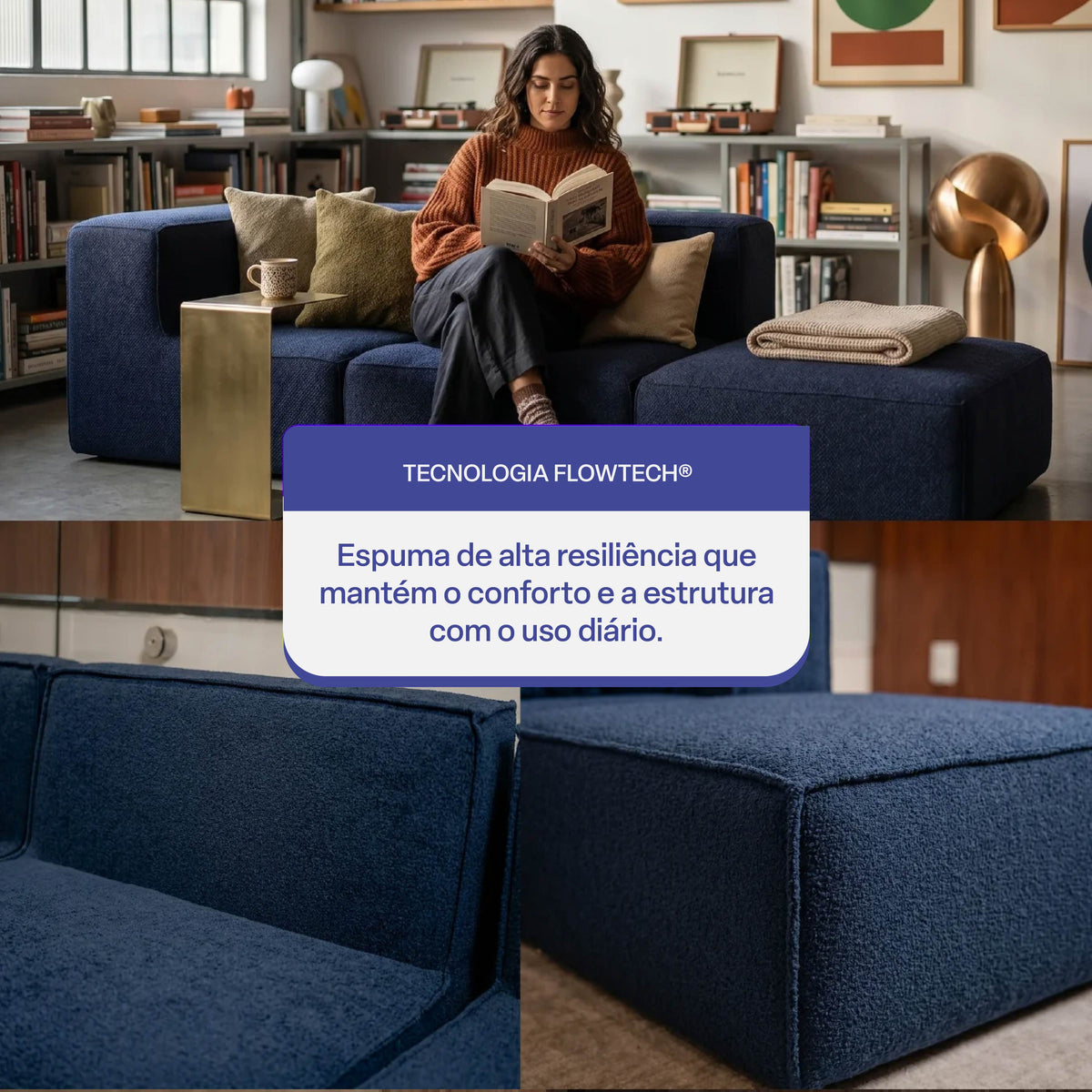 Sofá Modular Flow 2 Lugares 1 Canto com 1 Apoio de Pé em Boucle Azul Marinho