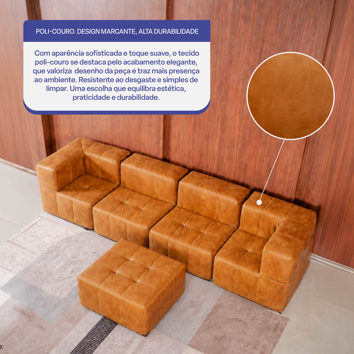 Sofá Modular 4 Lugares 2 Cantos com 1 Apoio de Pé em Poli-Couro Marrom