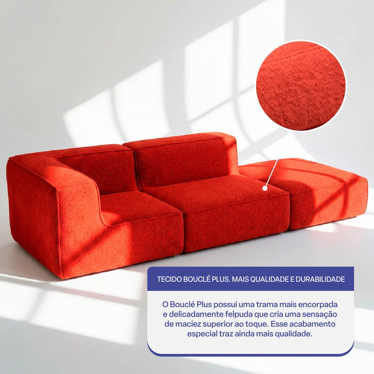 Sofá Modular Flow 2 Lugares 1 Canto com 1 Apoio de Pé em Boucle Plus Terracota