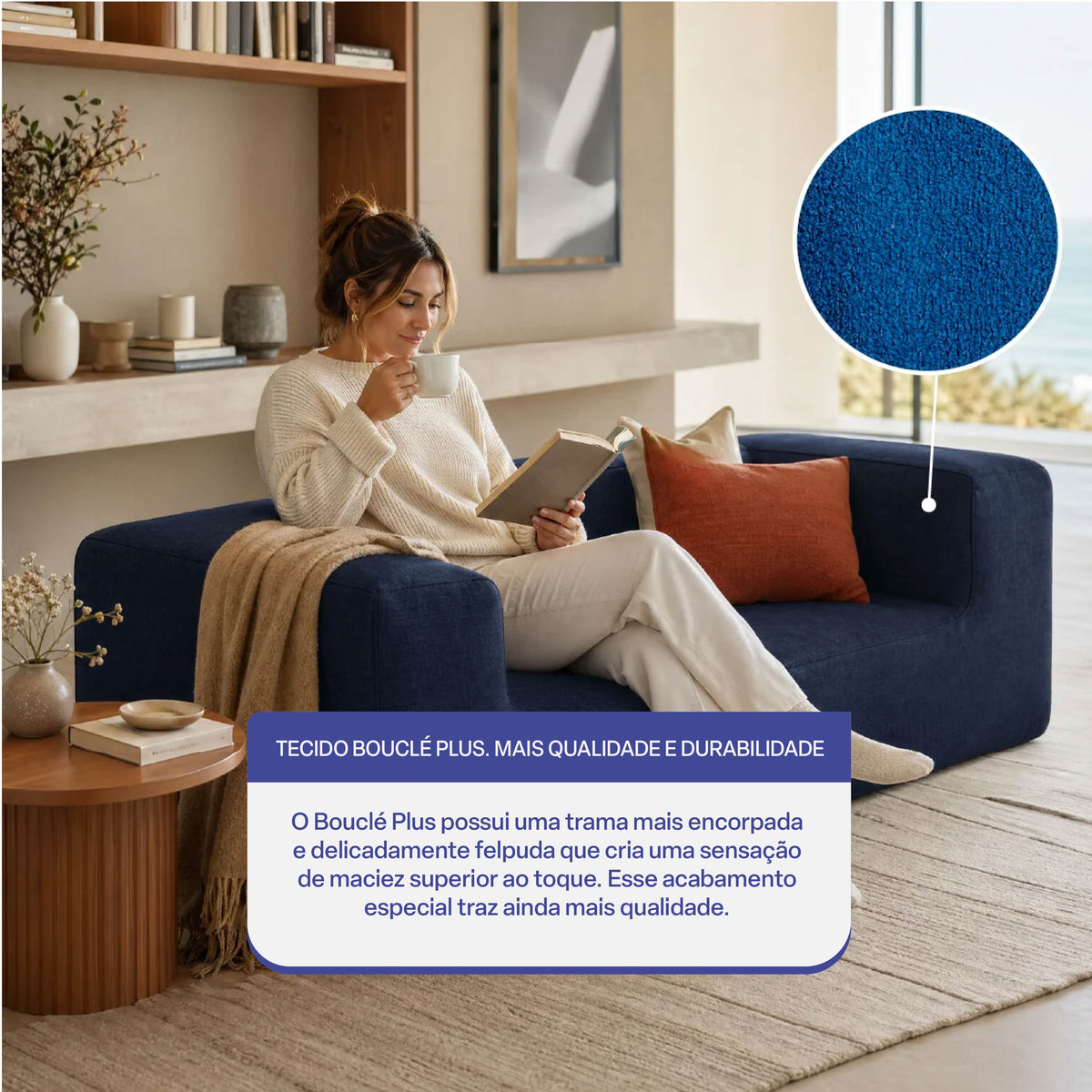 Sofá Modular Flow 2 Lugares 2 Cantos em Boucle Azul Marinho