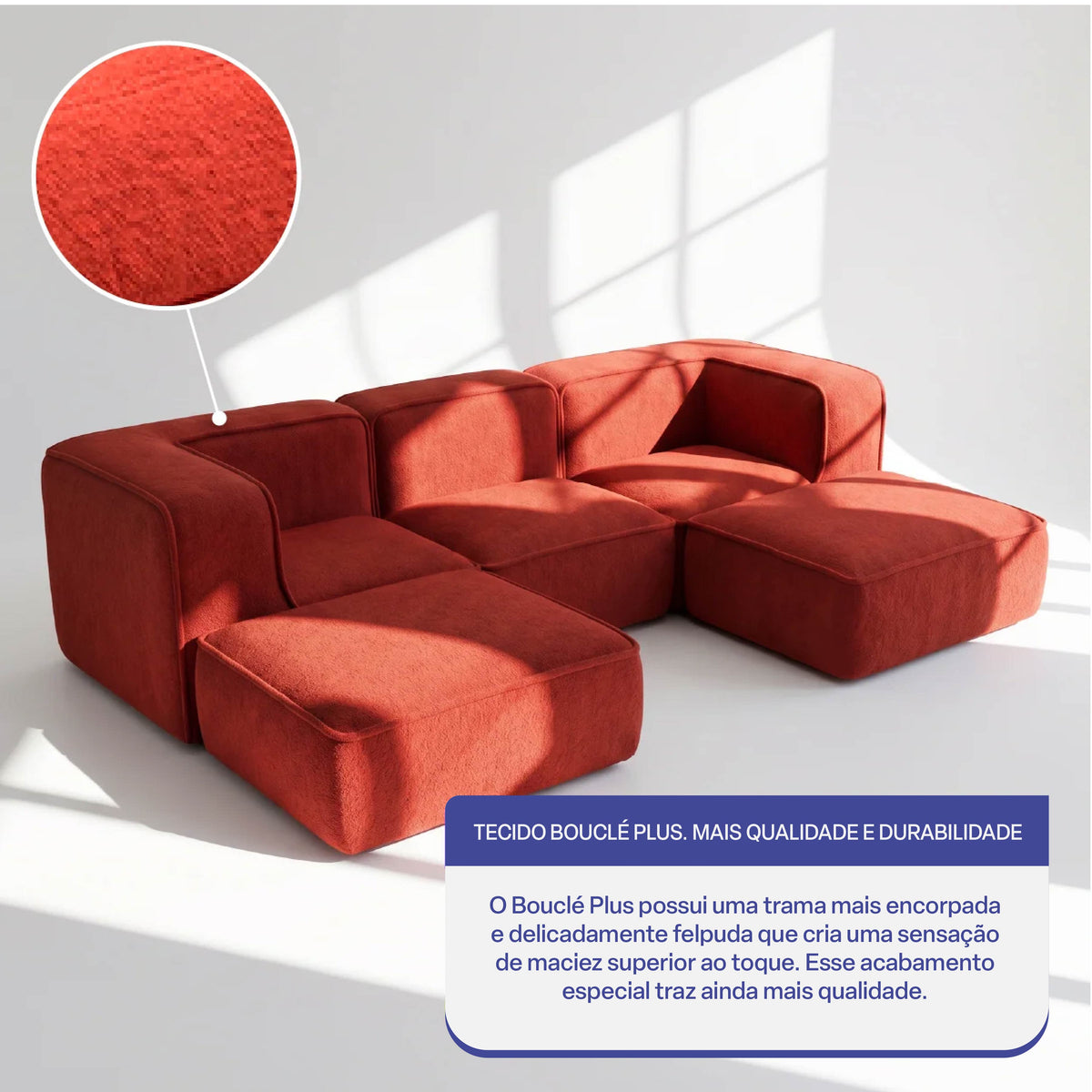 Sofá Modular Flow 3 Lugares 2 Cantos com 2 Apoios de Pé em Boucle Plus Terracota