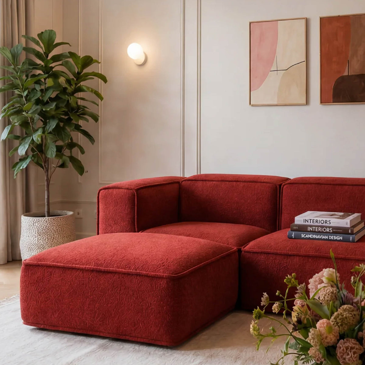 Sofá Modular Flow 3 Lugares 2 Cantos com 2 Apoios de Pé em Boucle Plus Terracota