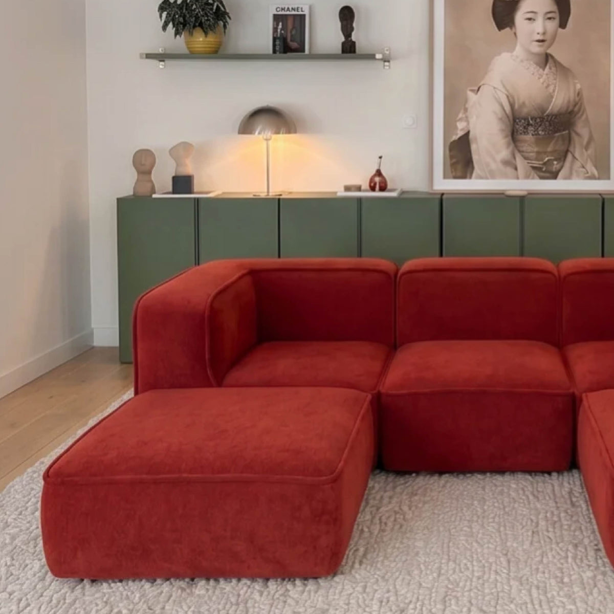 Sofá Modular Flow 3 Lugares 2 Cantos com 2 Apoios de Pé em Boucle Plus Terracota