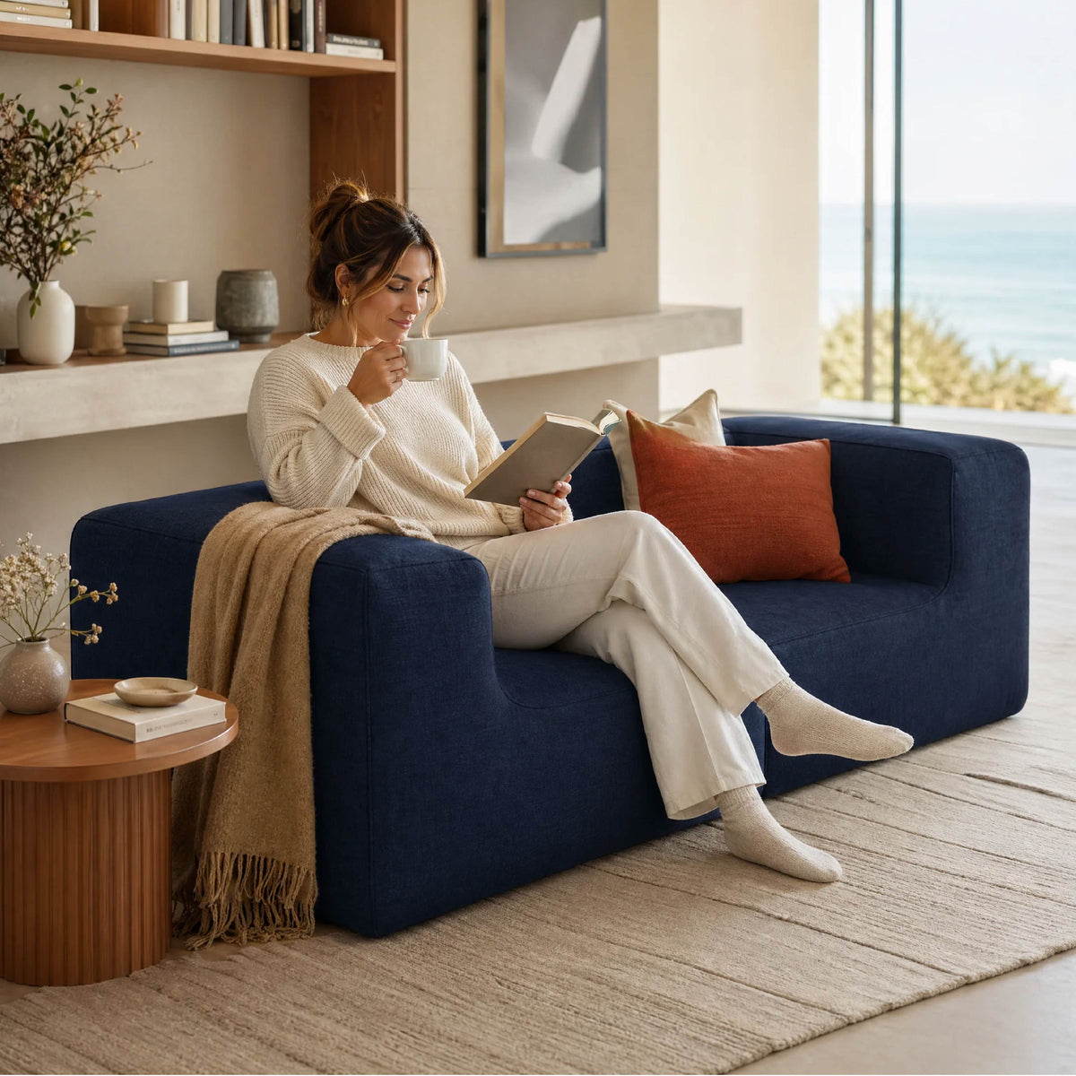Sofá Modular Flow 2 Lugares 2 Cantos em Boucle Azul Marinho