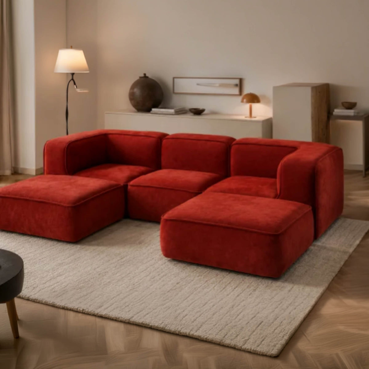 Sofá Modular Flow 3 Lugares 2 Cantos com 2 Apoios de Pé em Boucle Plus Terracota