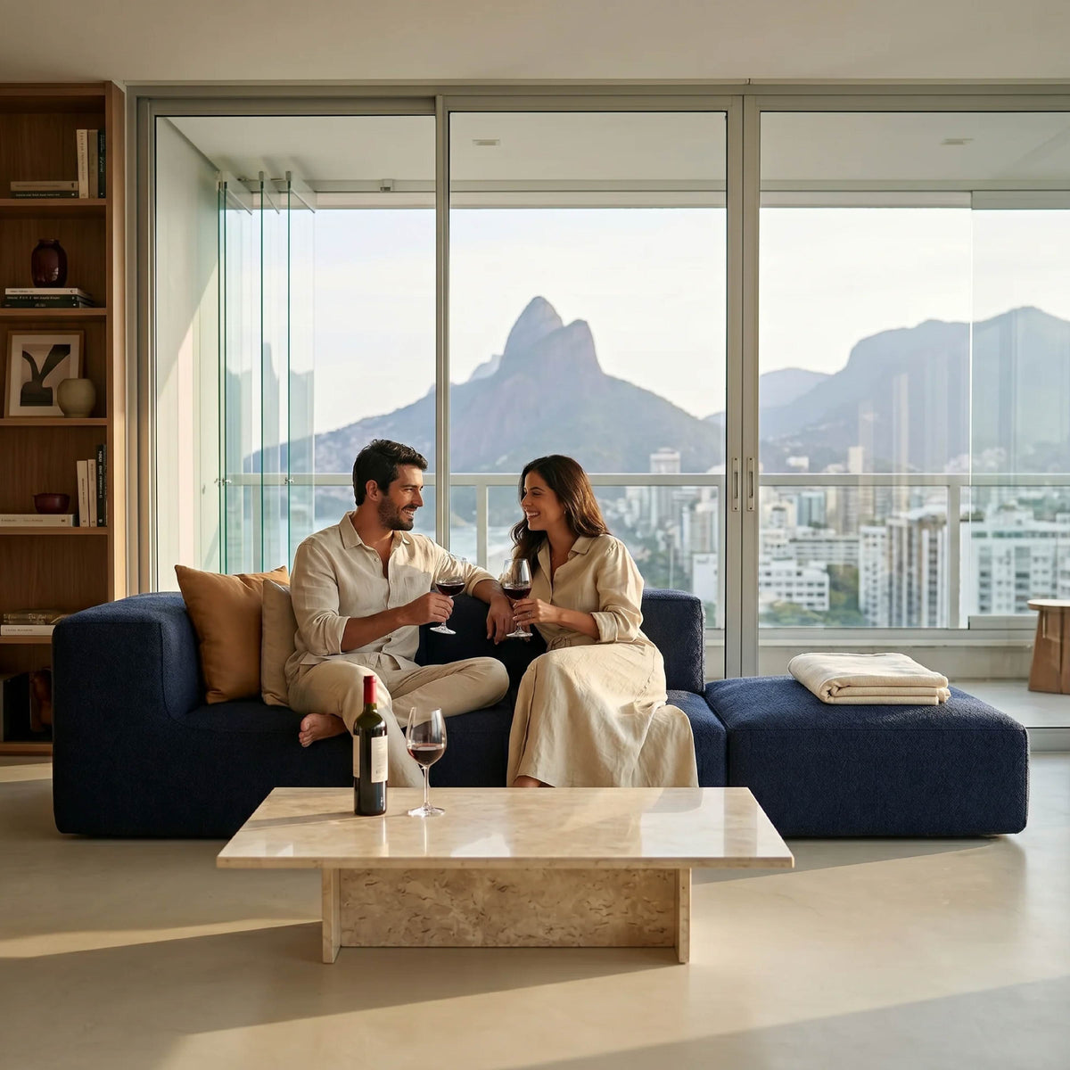 Sofá Modular Flow 2 Lugares 1 Canto com 1 Apoio de Pé em Boucle Azul Marinho