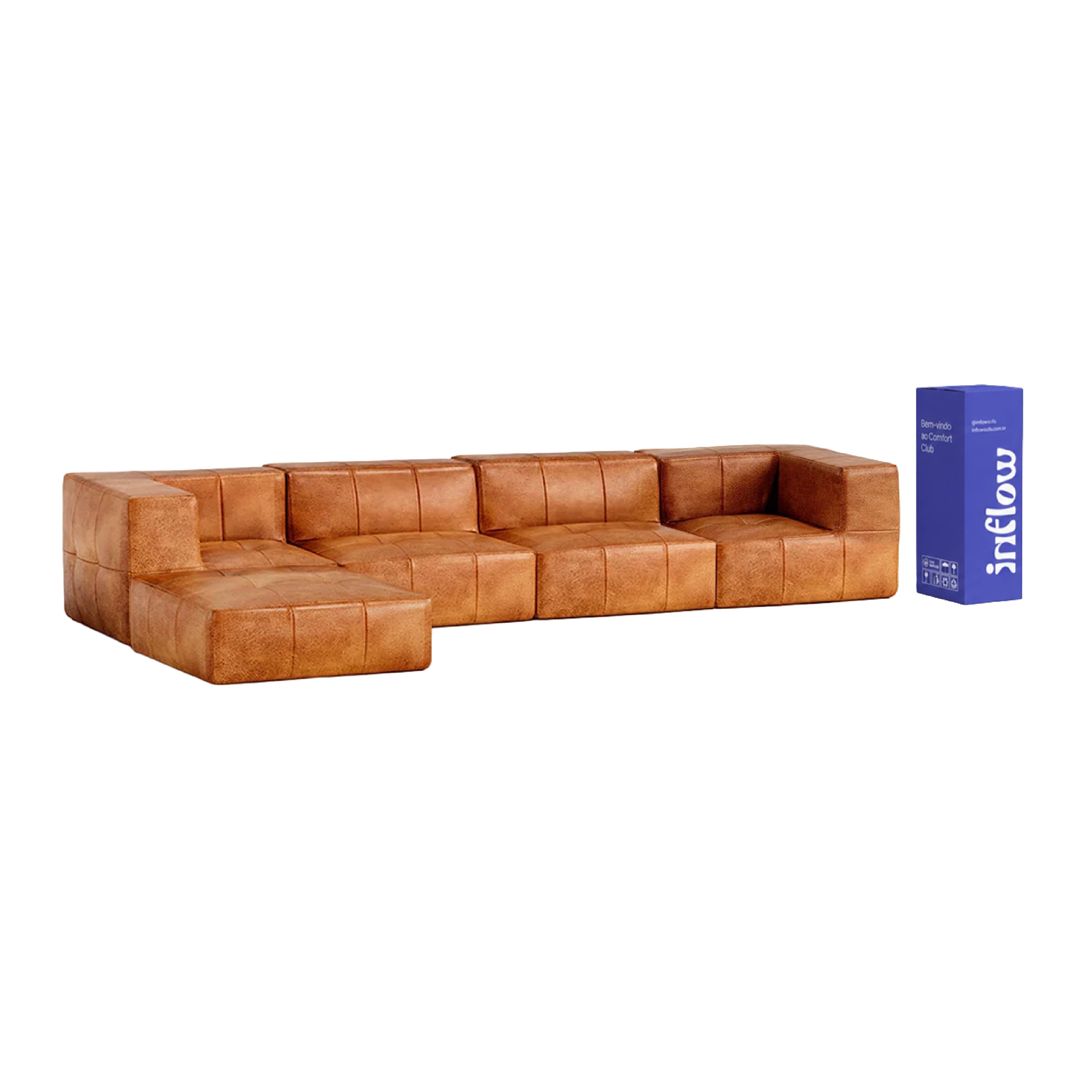Sofá Modular 4 Lugares 2 Cantos com 1 Apoio de Pé em Poli-Couro Marrom