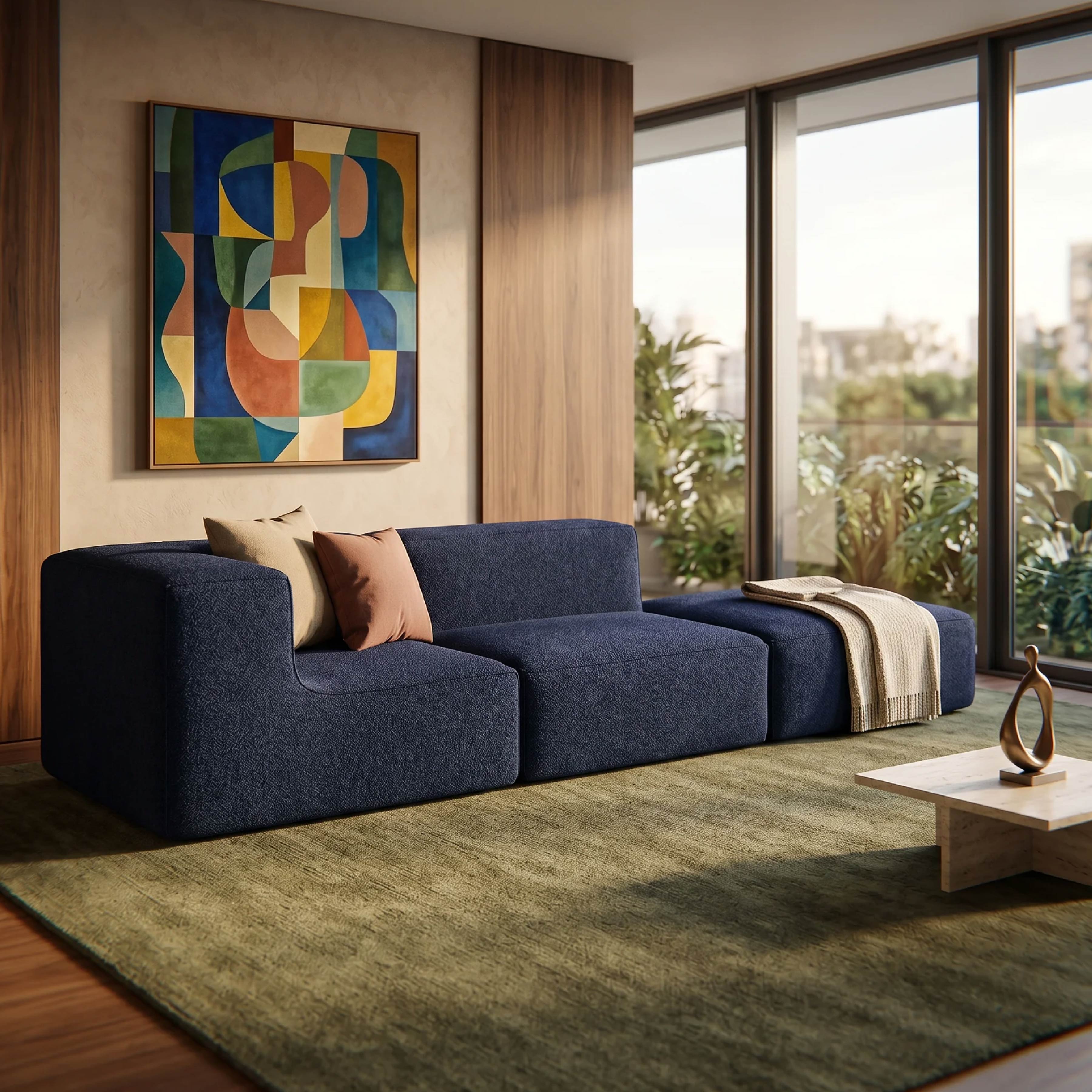 Sofá Modular Flow 2 Lugares 1 Canto com 1 Apoio de Pé em Boucle Azul Marinho