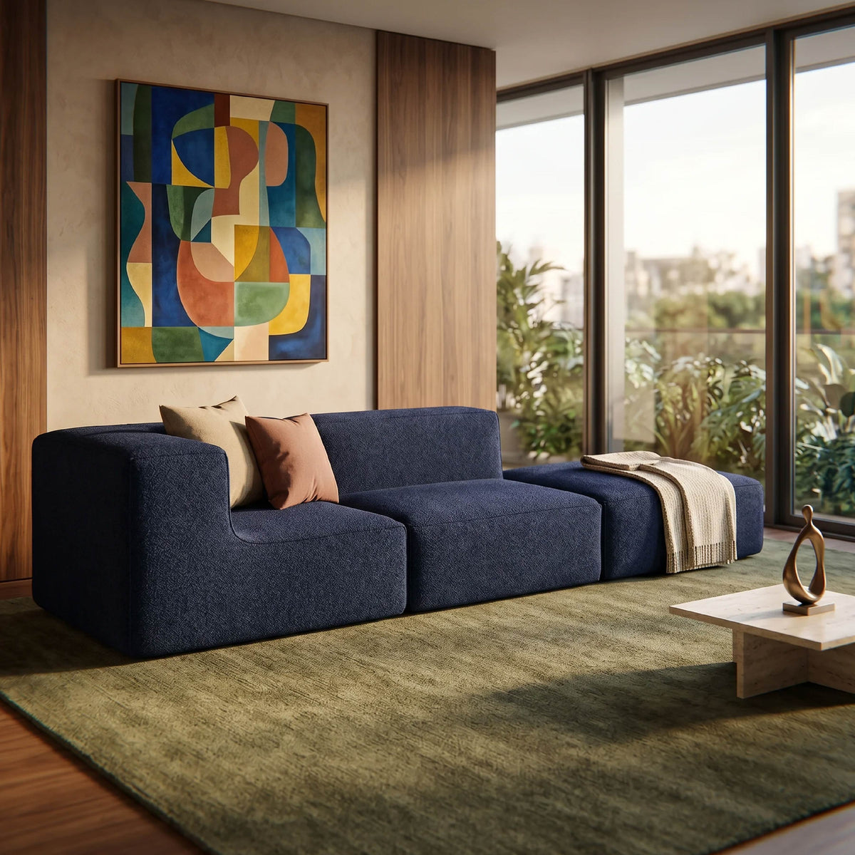 Sofá Modular Flow 2 Lugares 1 Canto com 1 Apoio de Pé em Boucle Azul Marinho