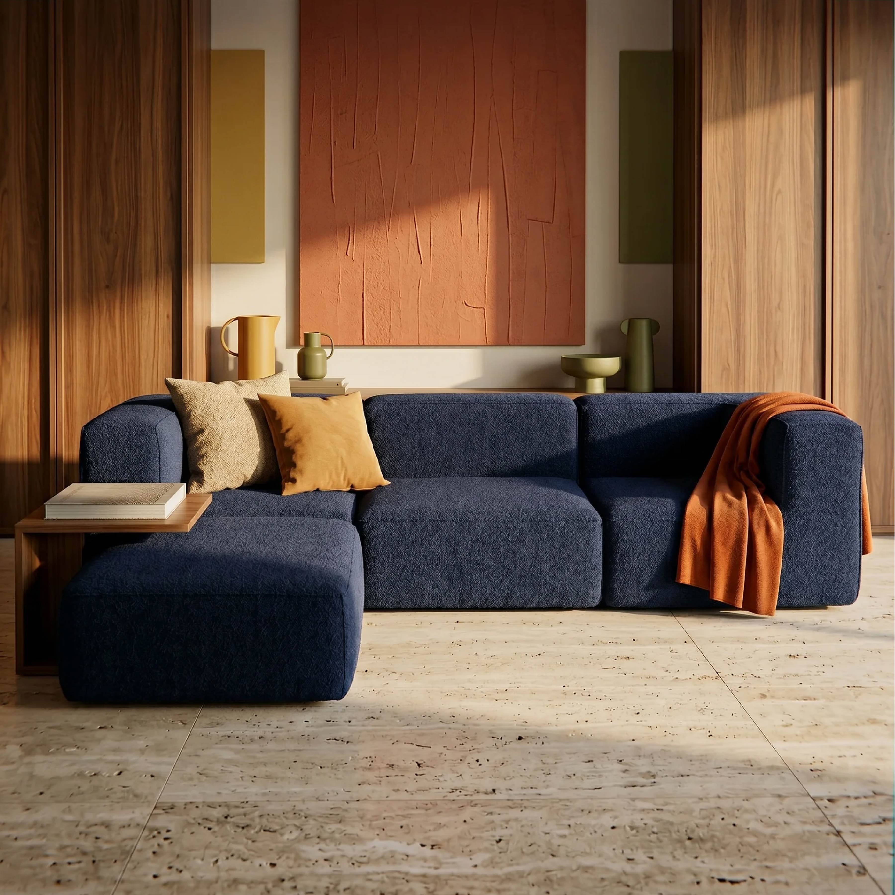 Sofá Modular Flow 3 Lugares 2 Cantos com 1 Apoio de Pé em Boucle Azul Marinho