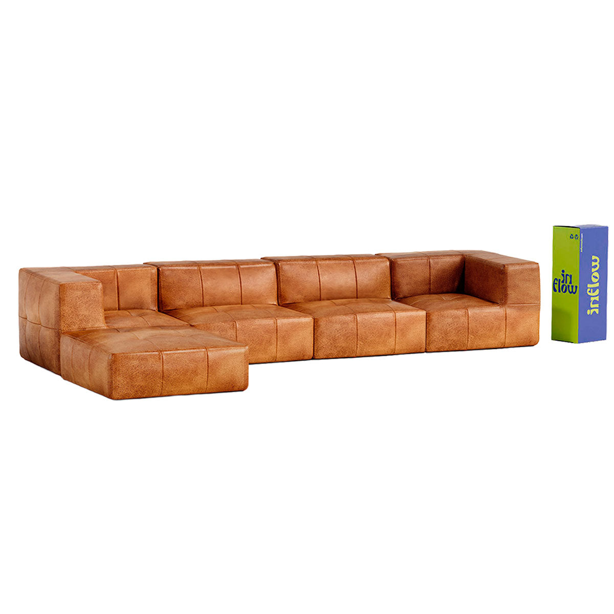Sofá Modular 4 Lugares 2 Cantos com 1 Apoio de Pé em Poli-Couro Marrom