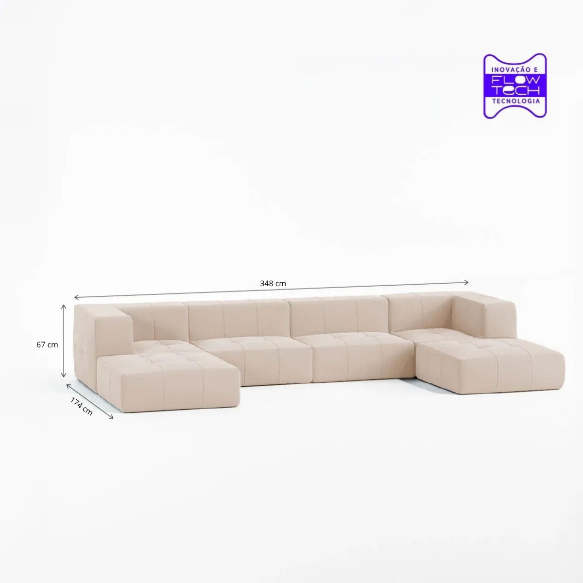 Sofá Modular 4 Lugares 2 Cantos com 2 Apoios de Pé em Boucle Bege