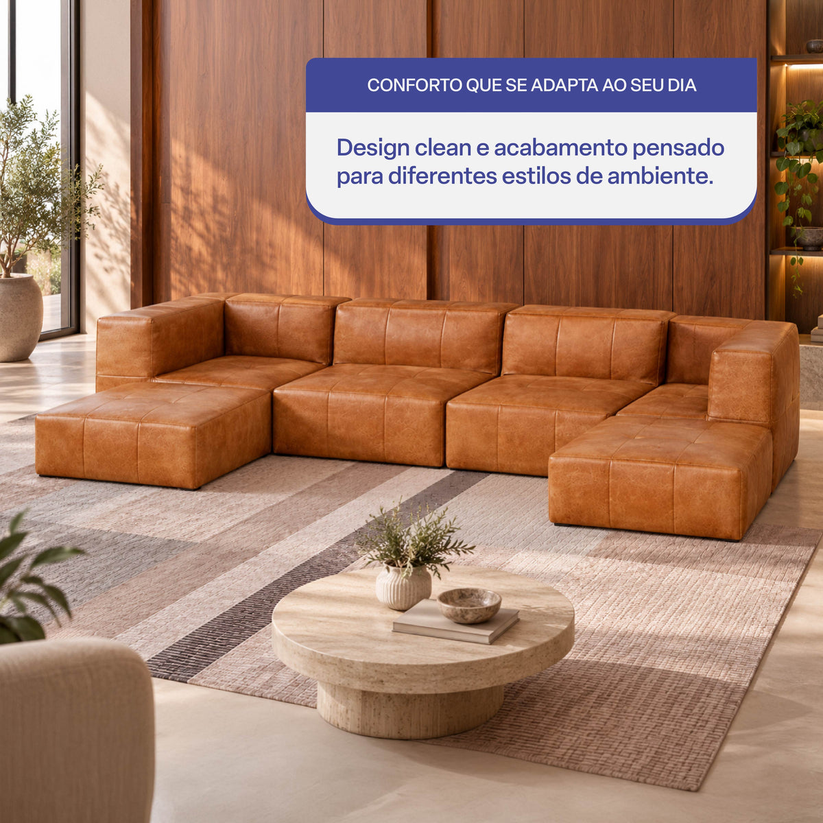 Sofá Modular 4 Lugares 2 Cantos com 2 Apoios de Pé em Poli-Couro Marrom