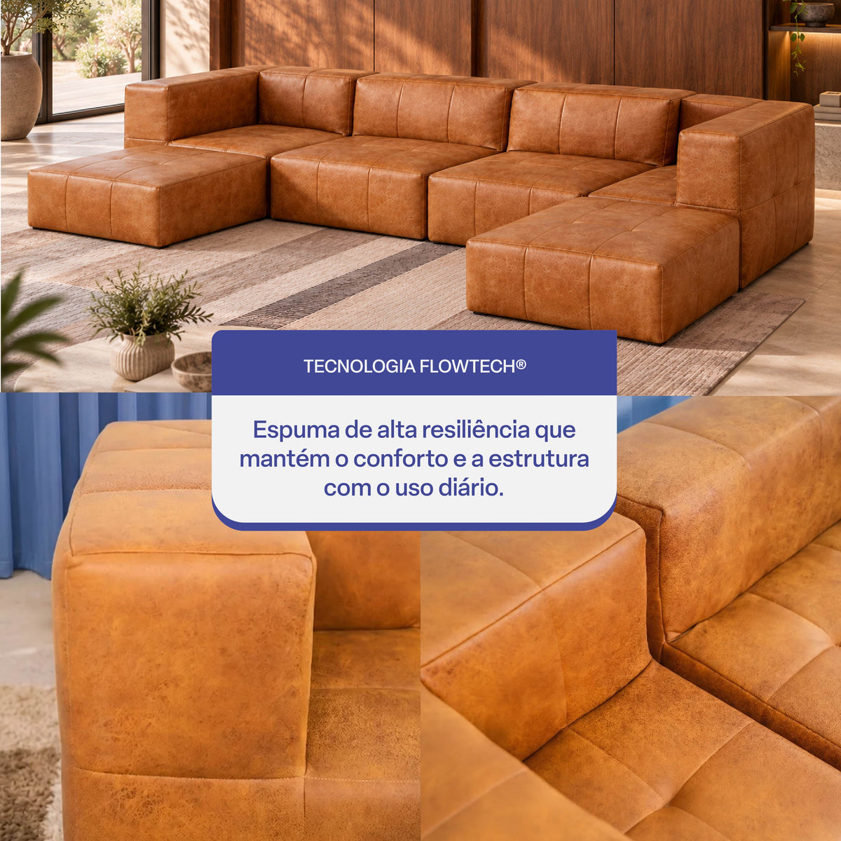 Sofá Modular 4 Lugares 2 Cantos com 2 Apoios de Pé em Poli-Couro Marrom