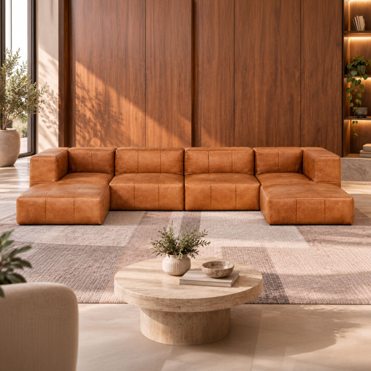 Sofá Modular 4 Lugares 2 Cantos com 2 Apoios de Pé em Poli-Couro Marrom