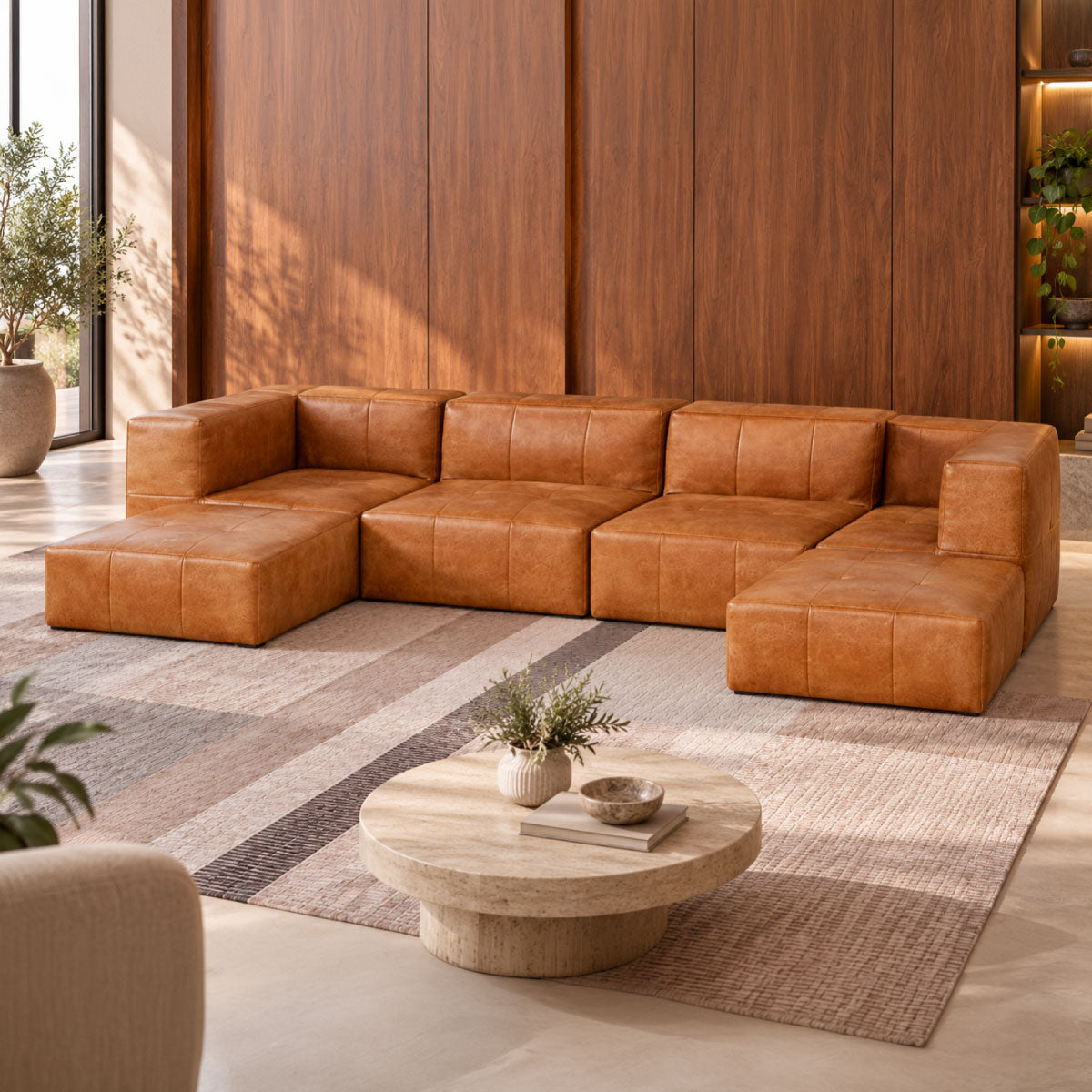 Sofá Modular 4 Lugares 2 Cantos com 2 Apoios de Pé em Poli-Couro Marrom