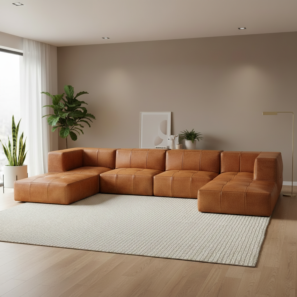 Sofá Modular 4 Lugares 2 Cantos com 2 Apoios de Pé em Poli-Couro Marrom