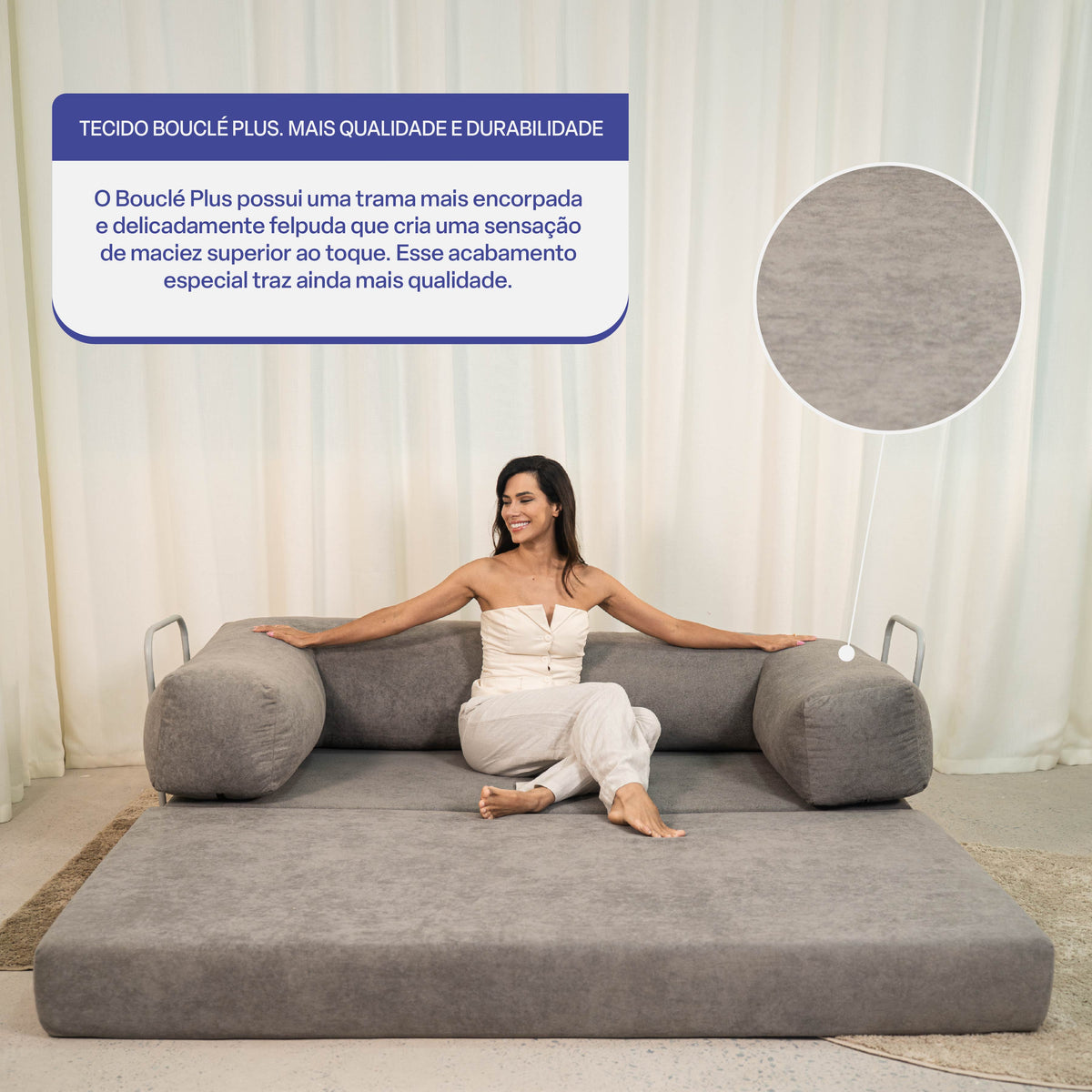 Sofá Cama Flowin em Boucle com Apoio de Pé - Cinza
