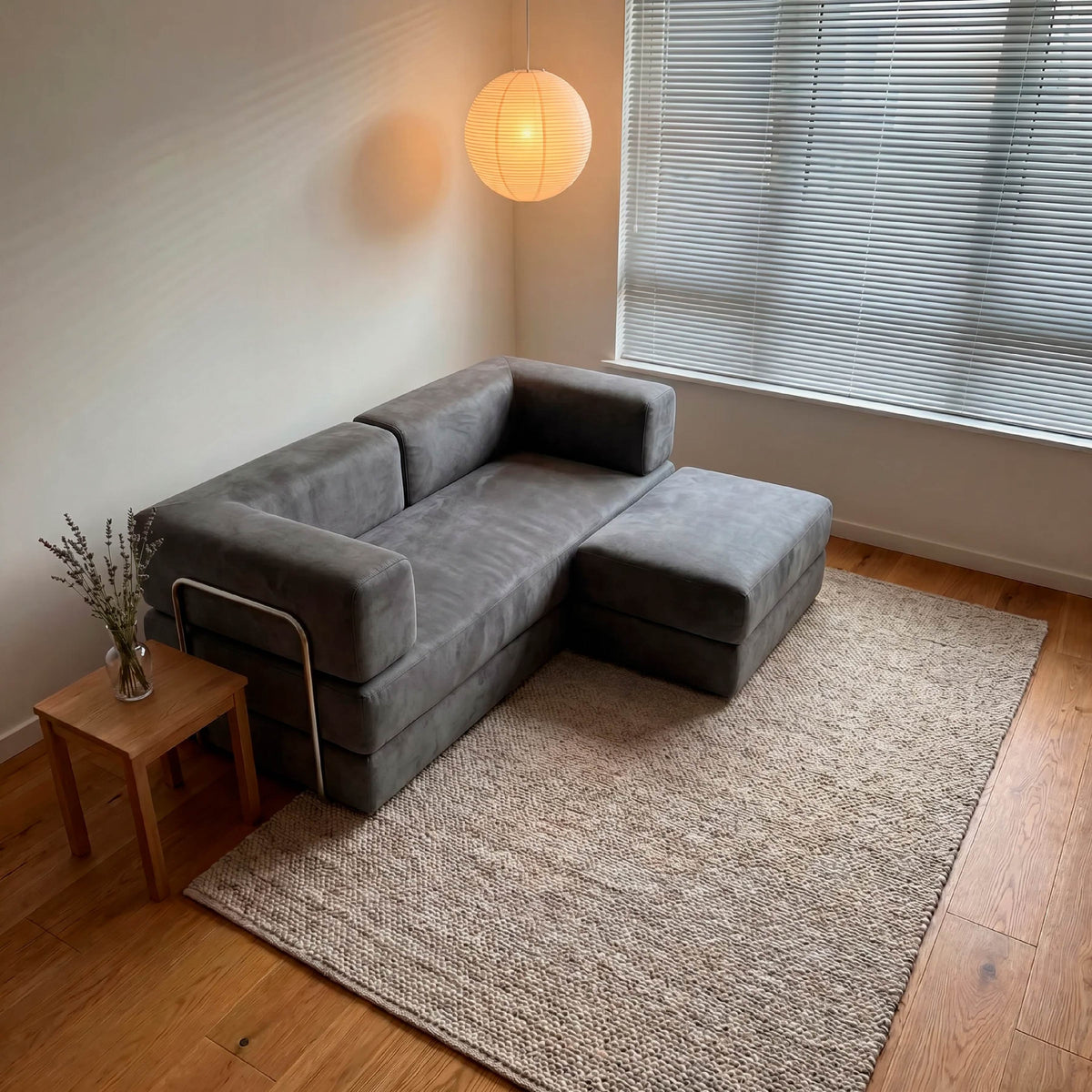 Sofá Cama Flowin em Boucle com Apoio de Pé - Cinza