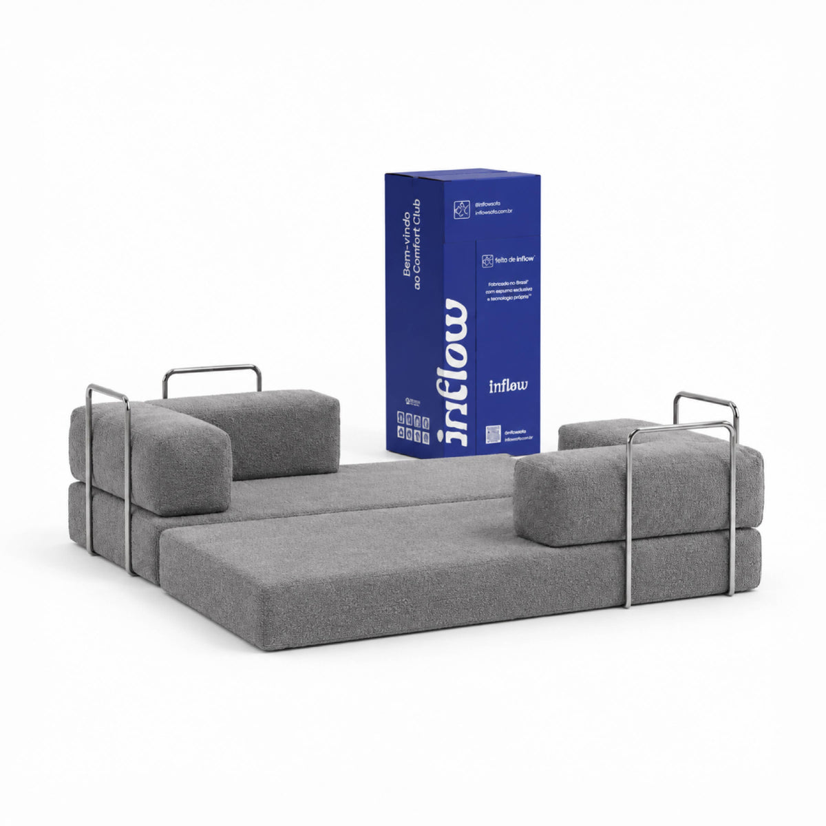 Sofá Cama Flowin em Boucle com Apoio de Pé - Cinza