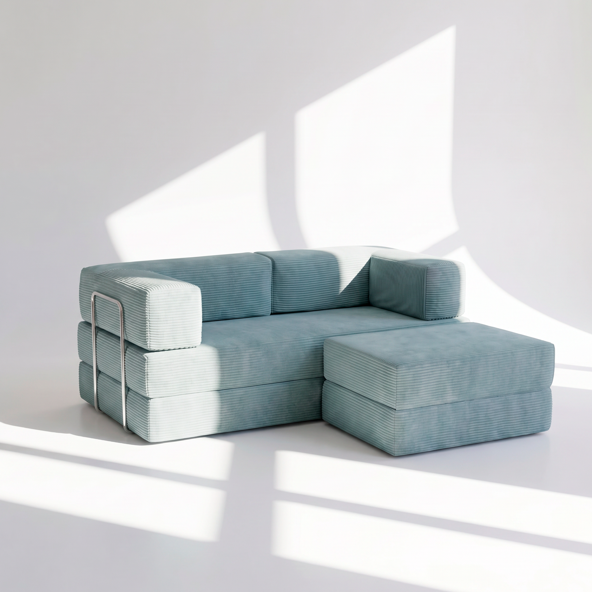 Sofá Cama Flowin com 1 Apoio de Pé em Cotele Azul Menta