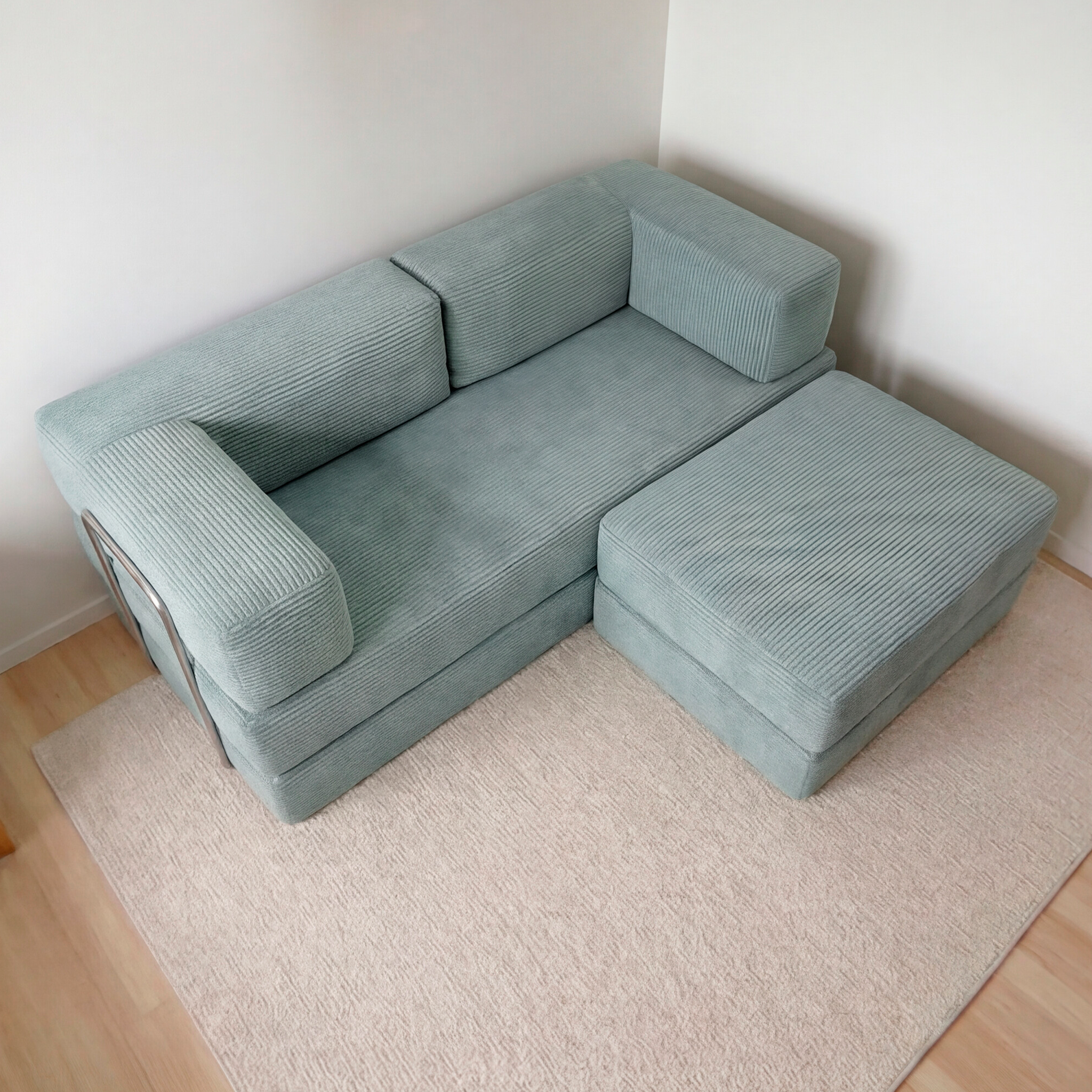 Sofá Cama Flowin com 1 Apoio de Pé em Cotele Azul Menta