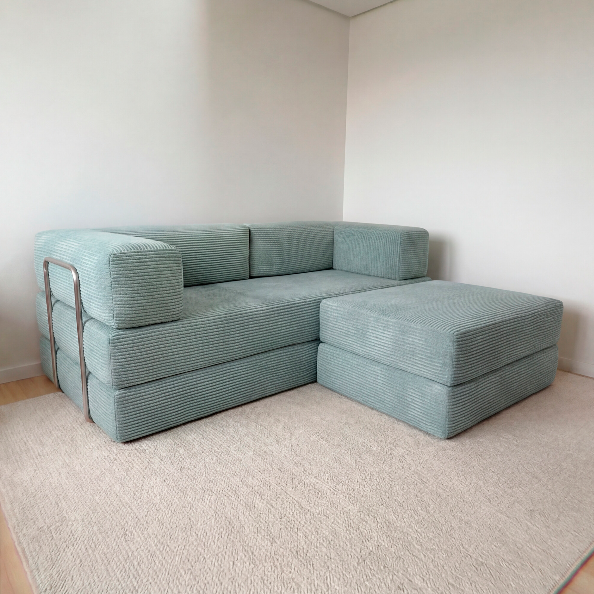 Sofá Cama Flowin com 1 Apoio de Pé em Cotele Azul Menta