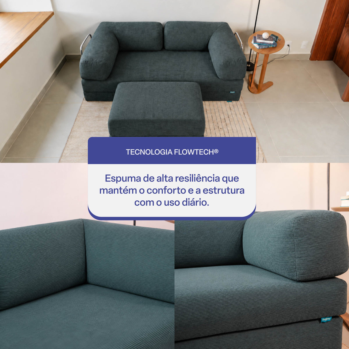 Sofá Cama Flowin com 1 Apoio de Pé em Cotele Verde Musgo