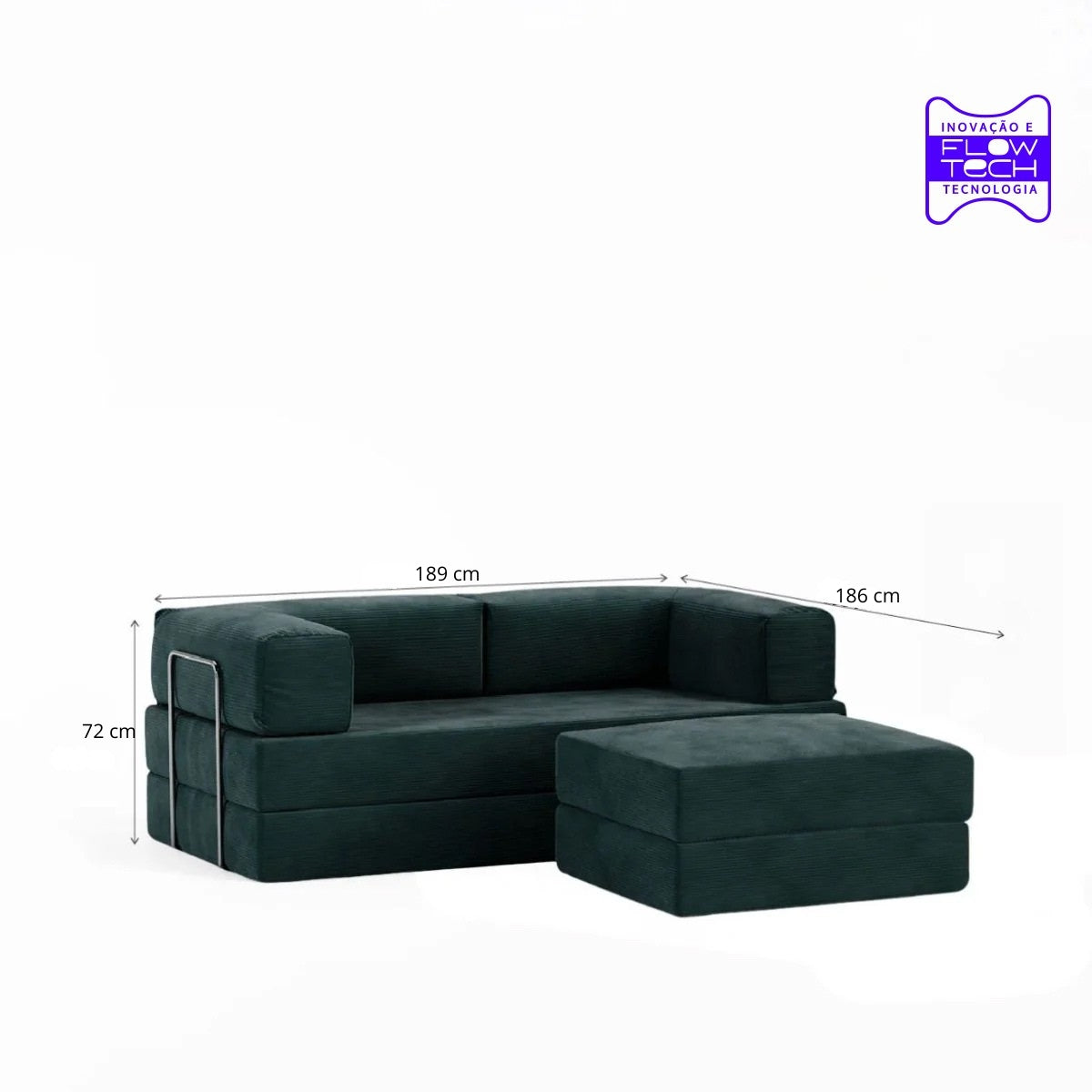 Sofá Cama Flowin com 1 Apoio de Pé em Cotele Verde Musgo
