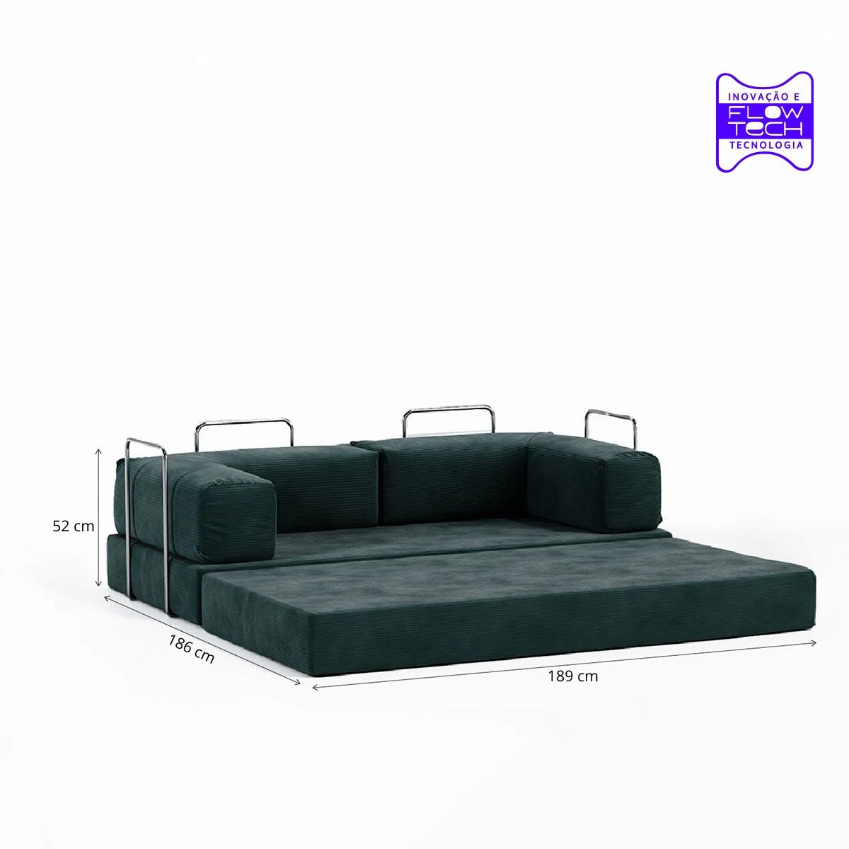 Sofá Cama Flowin com 1 Apoio de Pé em Cotele Verde Musgo