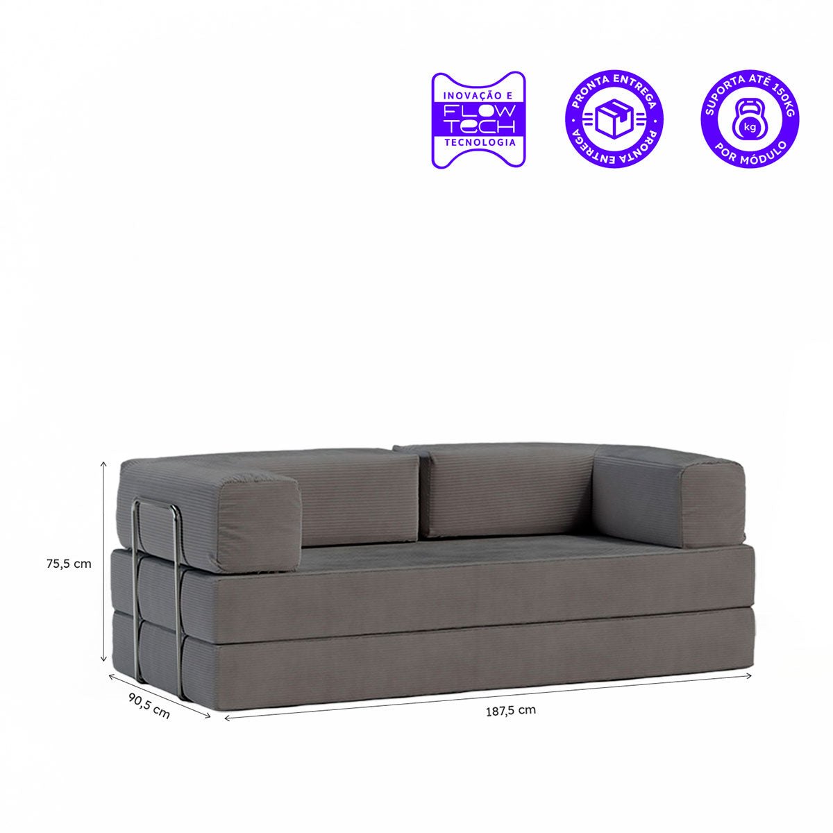 Sofá-Cama Flowin Cotelê - Cinza