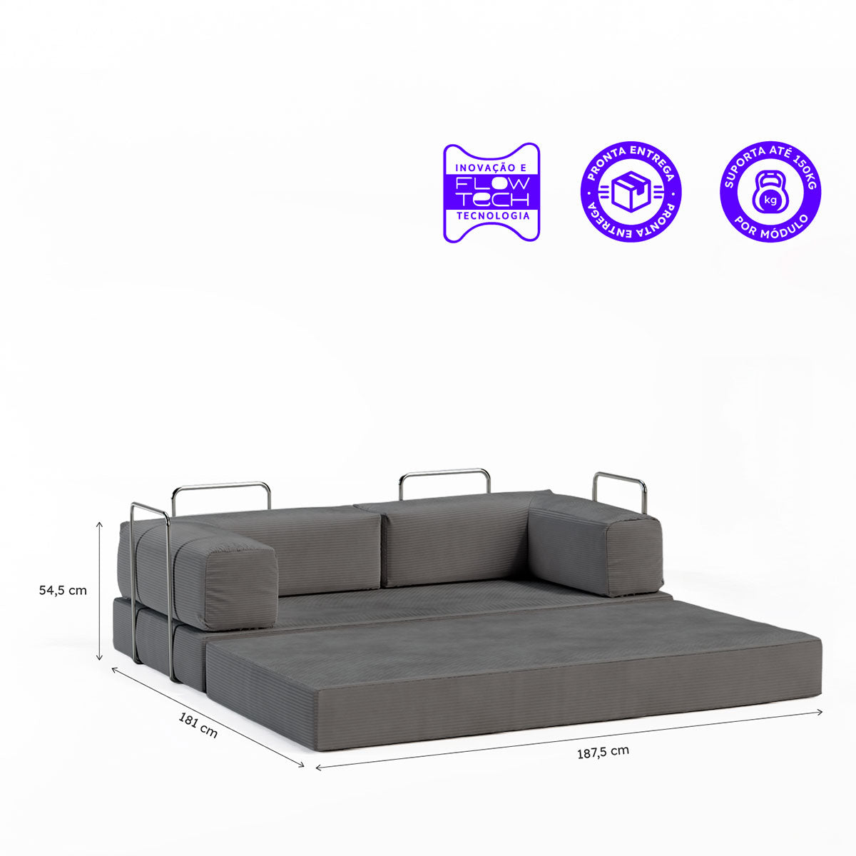 Sofá-Cama Flowin Cotelê - Cinza