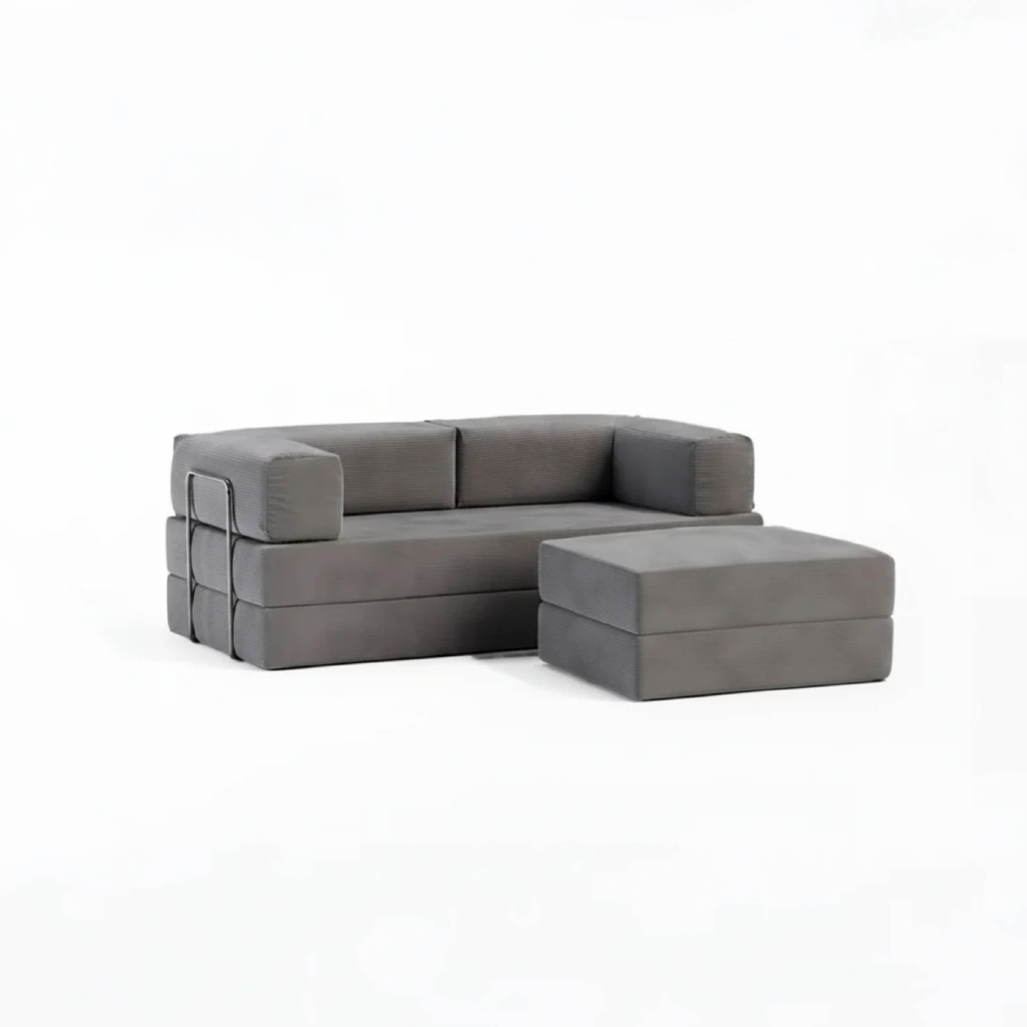 Sofá Cama Flowin com 1 Apoio de Pé em Cotele Cinza
