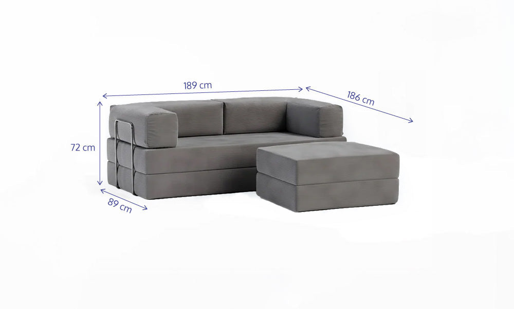 Sofá Cama Flowin com 1 Apoio de Pé em Cotele Cinza